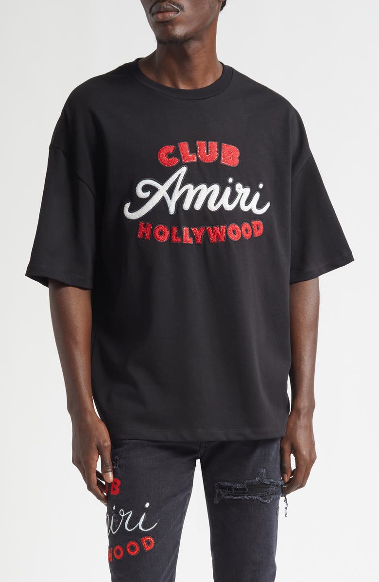 AMIRI Oversize Crystal Embellished Club Amiri Appliqué T-Shirt, Main, color, Black