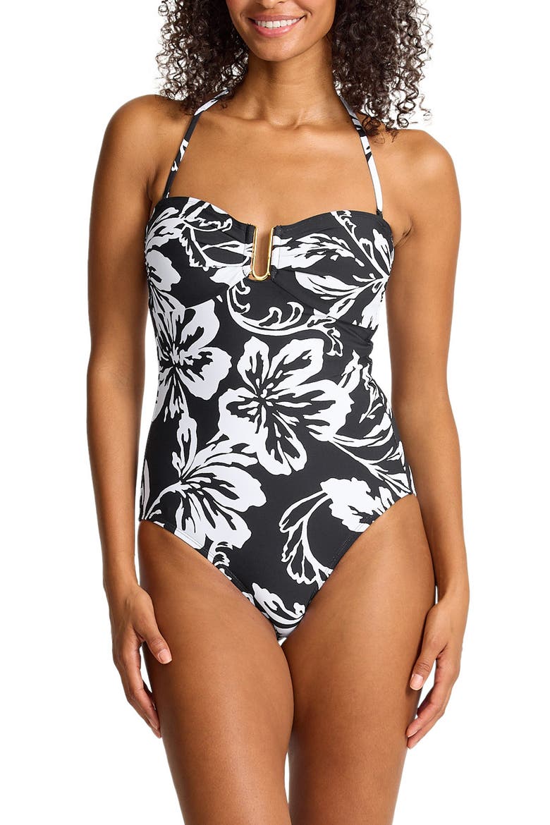 Sunset Blooms Underwire UPF 50+ One-Piece Swimsuit, Alternate, color, BLACK