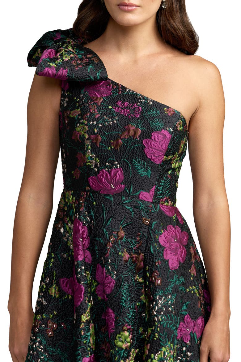 Petite One Shoulder Floral Brocade Ball Gown with Bow, Alternate, color, Black Multi
