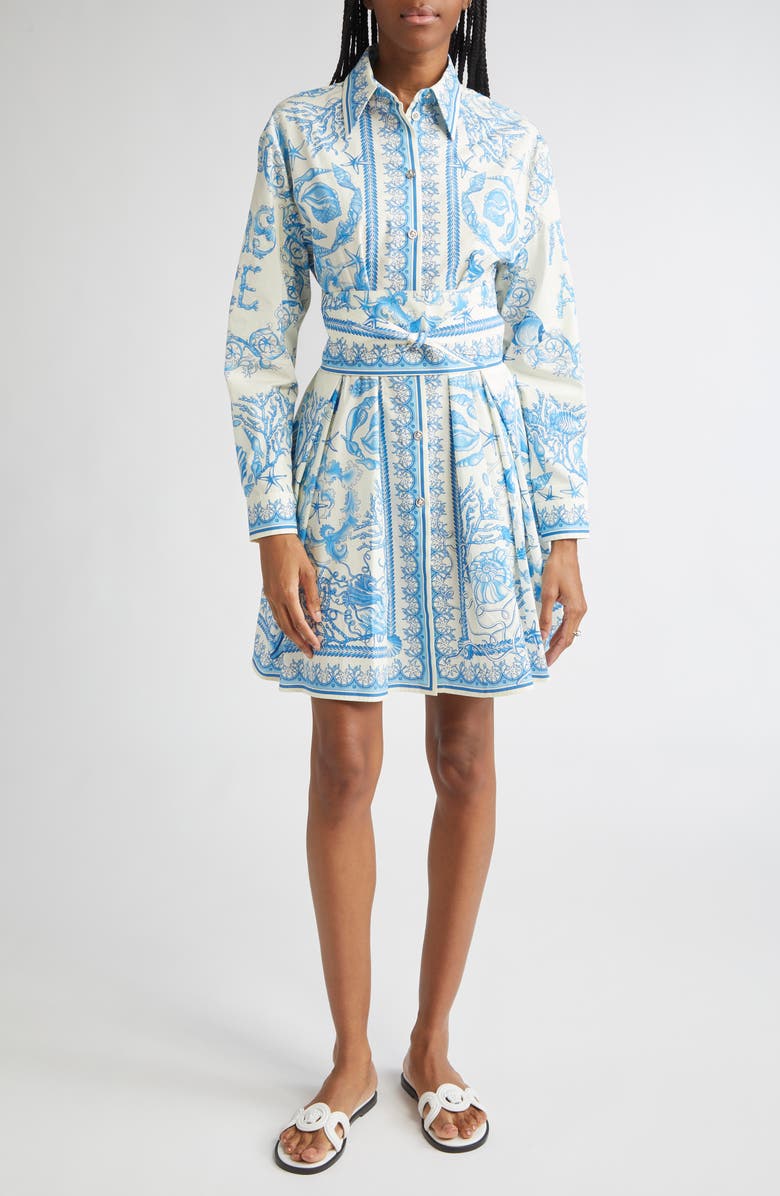 Versace Underwater Barocco Long Sleeve Cotton Poplin Shirtdress, Main, color, Eggshell Bright Dv Blue