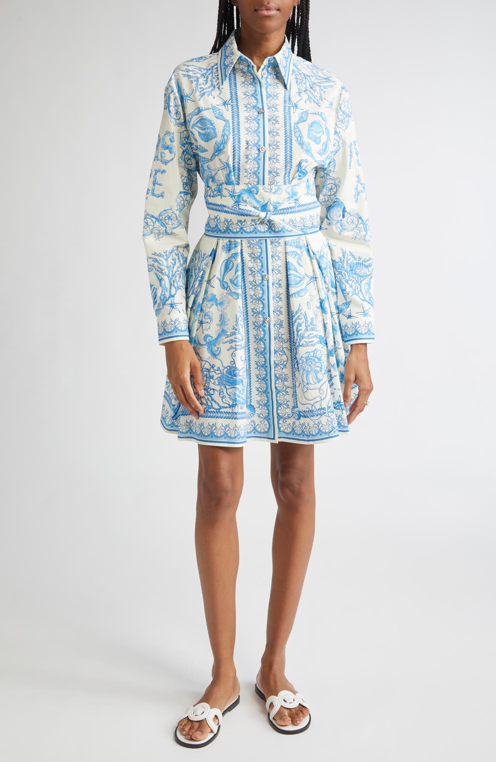 Underwater Barocco Long Sleeve Cotton Poplin Shirtdress, color, EGGSHELL BRIGHT DV BLUE