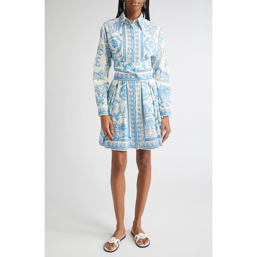 Versace Underwater Barocco Long Sleeve Cotton Poplin Shirtdress In Blue