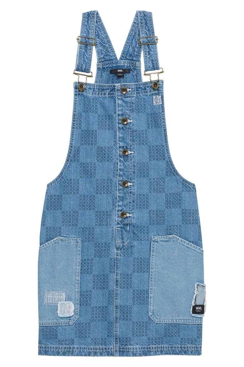 Mended Check Denim Pinafore Dress, Alternate, color, STONE WASH MENDED CHECK DENIM