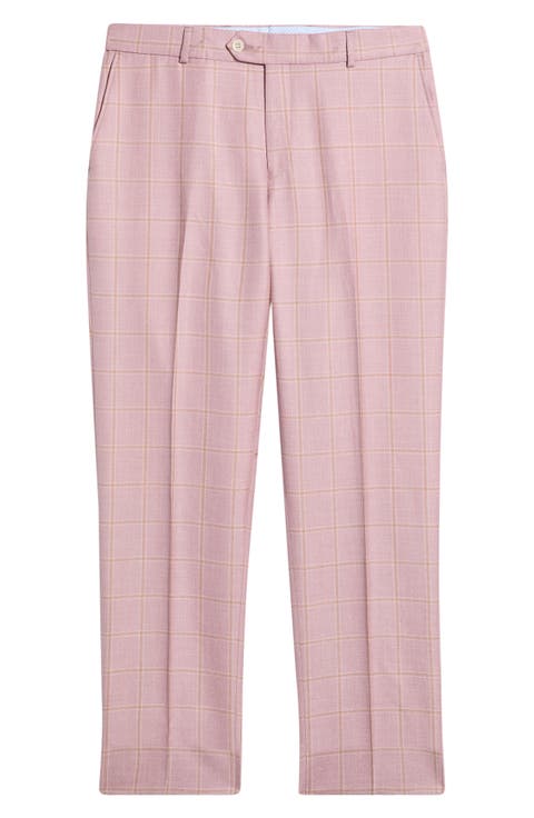 Flat Front Check Wool & Linen Blend Dress Pants