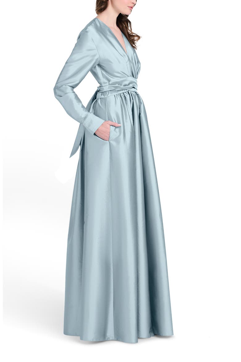 Surplice Long Sleeve Taffeta Gown, Alternate, color, LIGHT BLUE