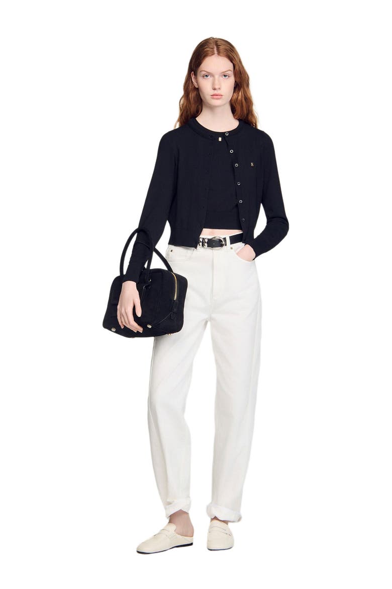 Cropped padded round neck cardigan, Alternate, color, Black