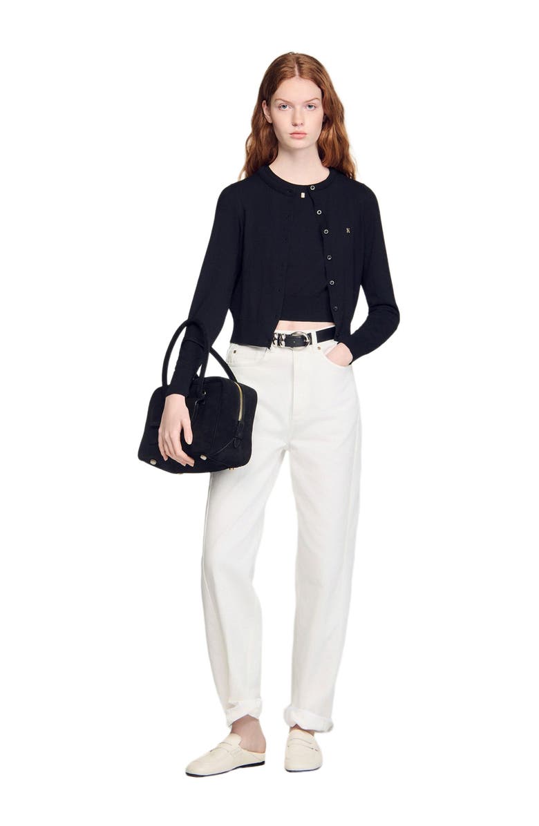 SANDRO Padded round neck cropped cardigan, Alternate, color, Black