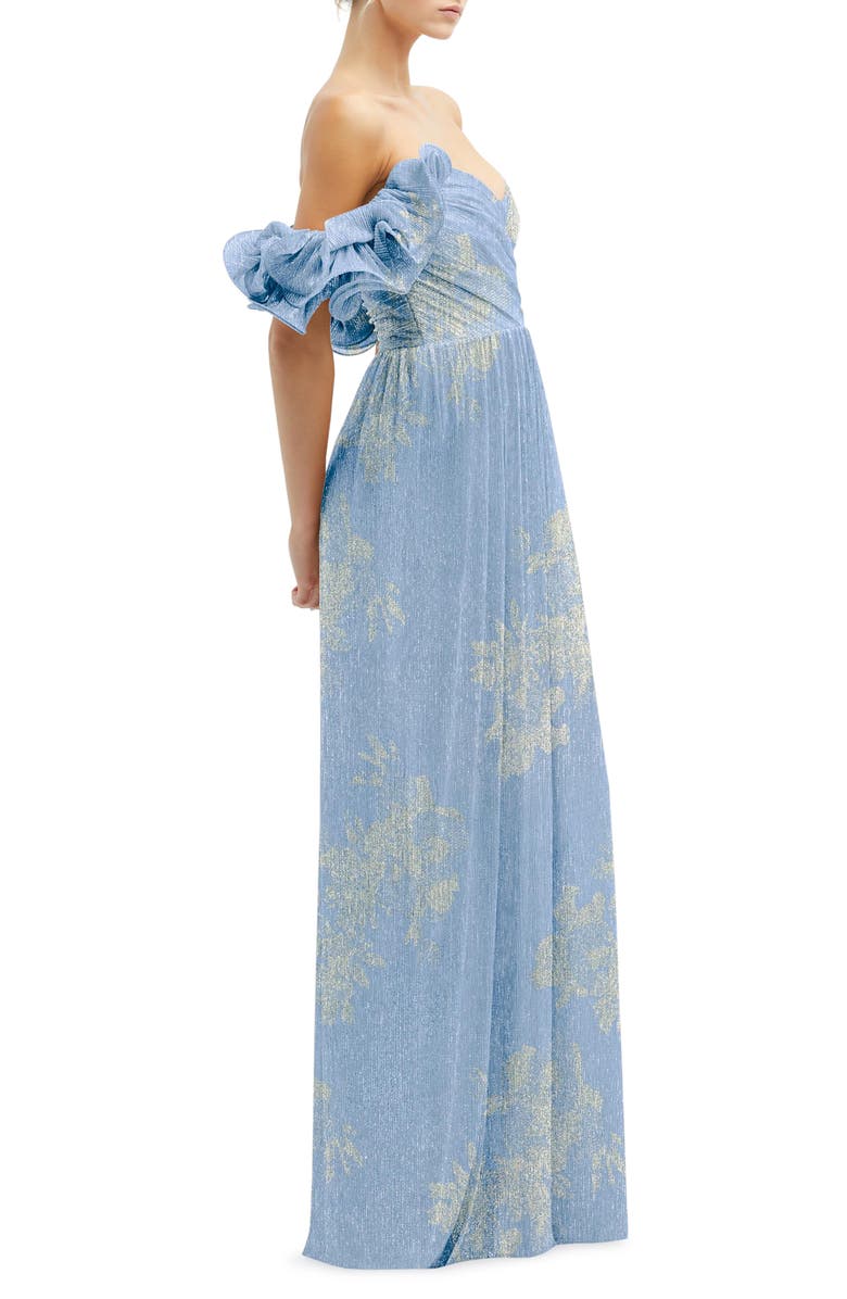 After Six Ruffle Off the Shoulder Metallic Column Gown, Alternate, color, Larkspur