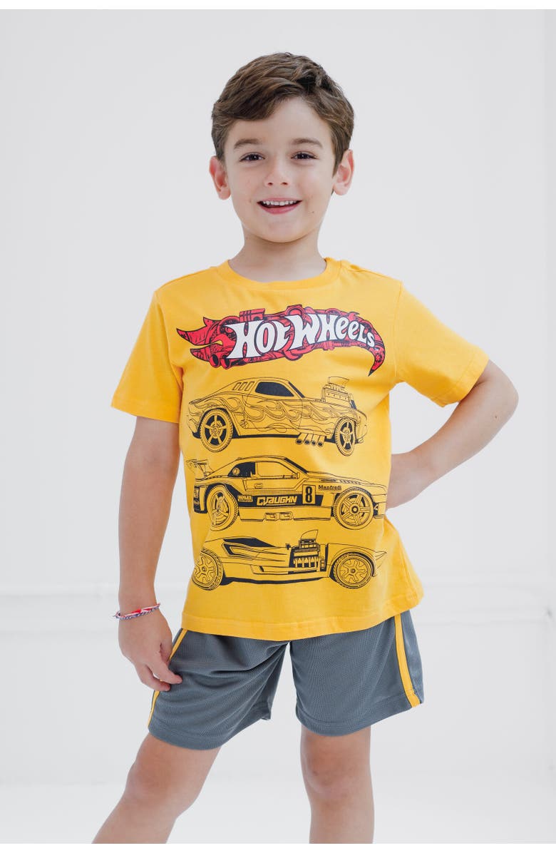 Hot Wheels Athletic 2-Piece Short Sleeve Graphic Tee and Mesh Shorts Outfit, Alternate, color, Hot Wheels Yellow
