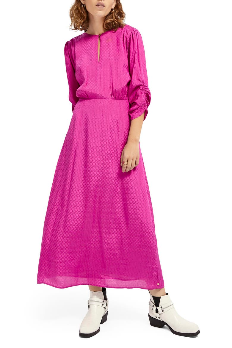 Jacquard Ruched Midi Dress, Main, color, VIOLET