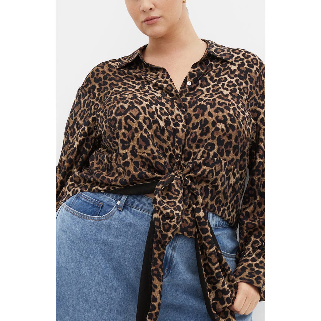City Chic Ellie Long Sleeve Tie Front Shirt In Brown