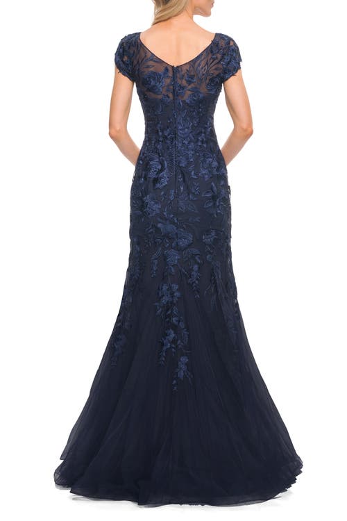 La Femme Lace And Tulle Mermaid Gown With Cap Sleeves In Navy