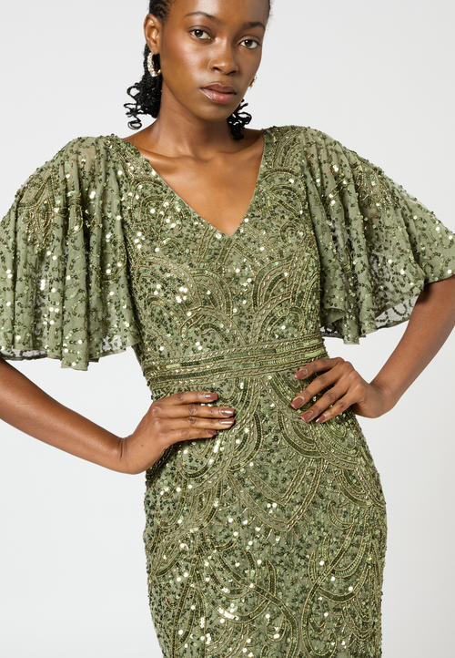Beauut Embellished Sequin Beaded V Neck With Shor Sleeves Dress In Olive