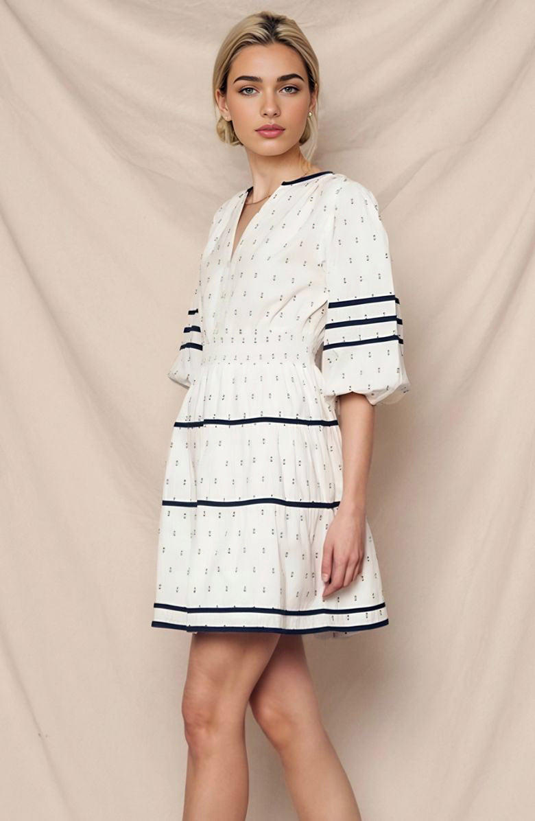 Knit and Lounge Smocked Waist Mini Dress with Flared Sleeves, Alternate, color, Navy Stripe