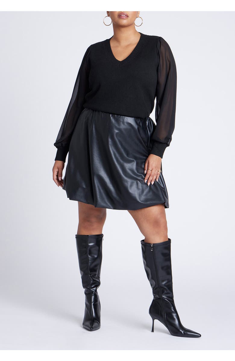 ELOQUII Sheer Sleeve V-Neck Sweater, Alternate, color, Black Onyx