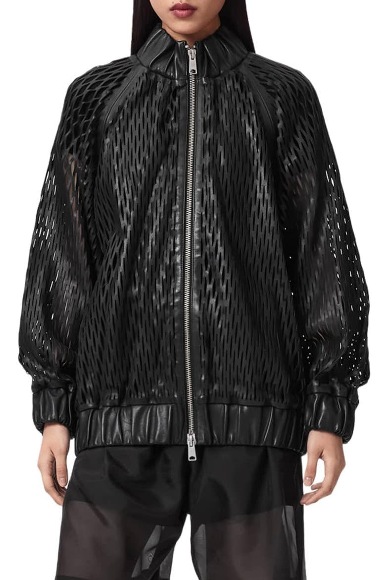 Dual Leather Bomber Jacket, Main, color, BLACK