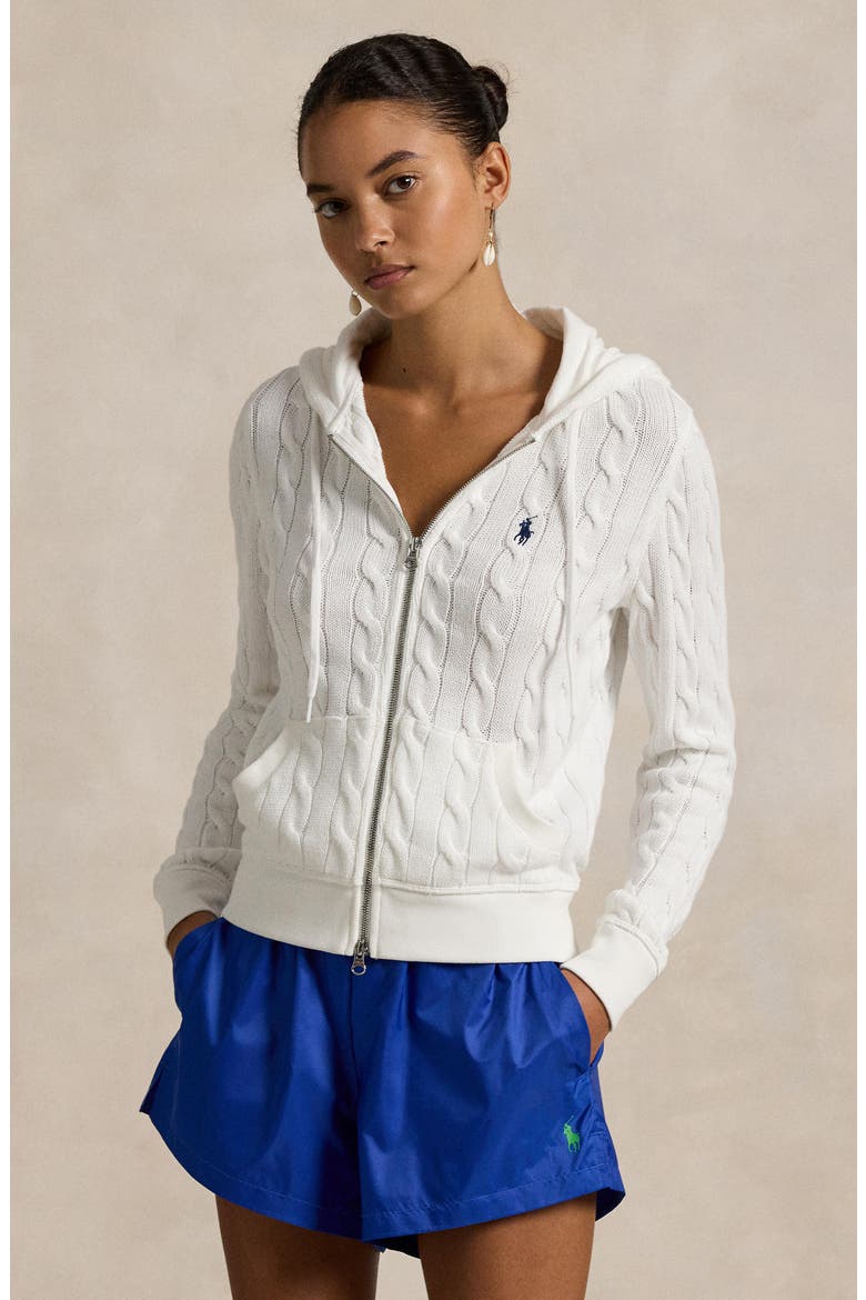 Cable Knit Cotton Zip Hoodie, Alternate, color, WHITE