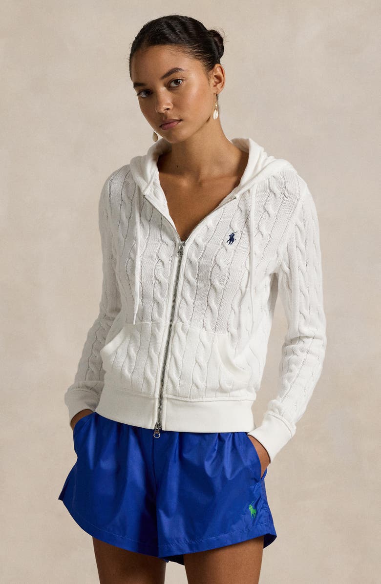 Polo Ralph Lauren Cable Knit Cotton Zip Hoodie, Alternate, color, White