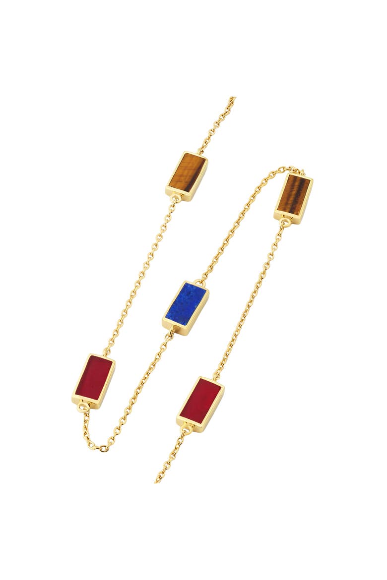 Multi Gemstone Five Stations Rectangle Dash Necklace In Sterling 18K Gold Overlay, Alternate, color, MULTI