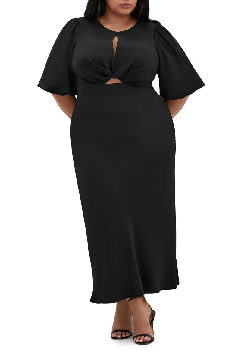 Ines Twist Front Puff Sleeve Maxi Dress, Main, color, BLACK