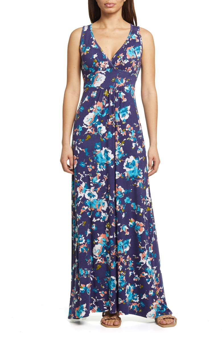 Loveappella Floral Print Sleeveless Jersey Maxi Dress, Main, color, Navy
