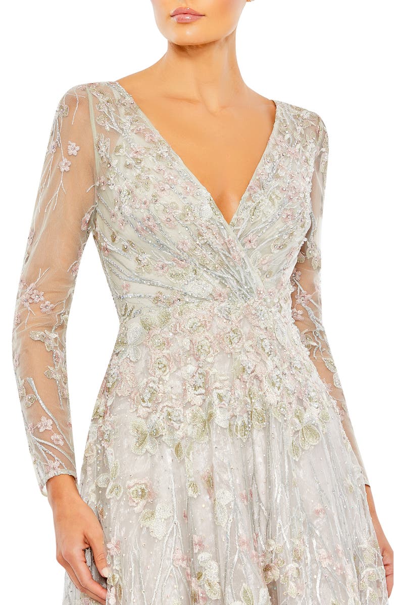 Mac Duggal Embellished Wrap Over Illusion Long Sleeve A Line Gown, Alternate, color, Pastel Multi