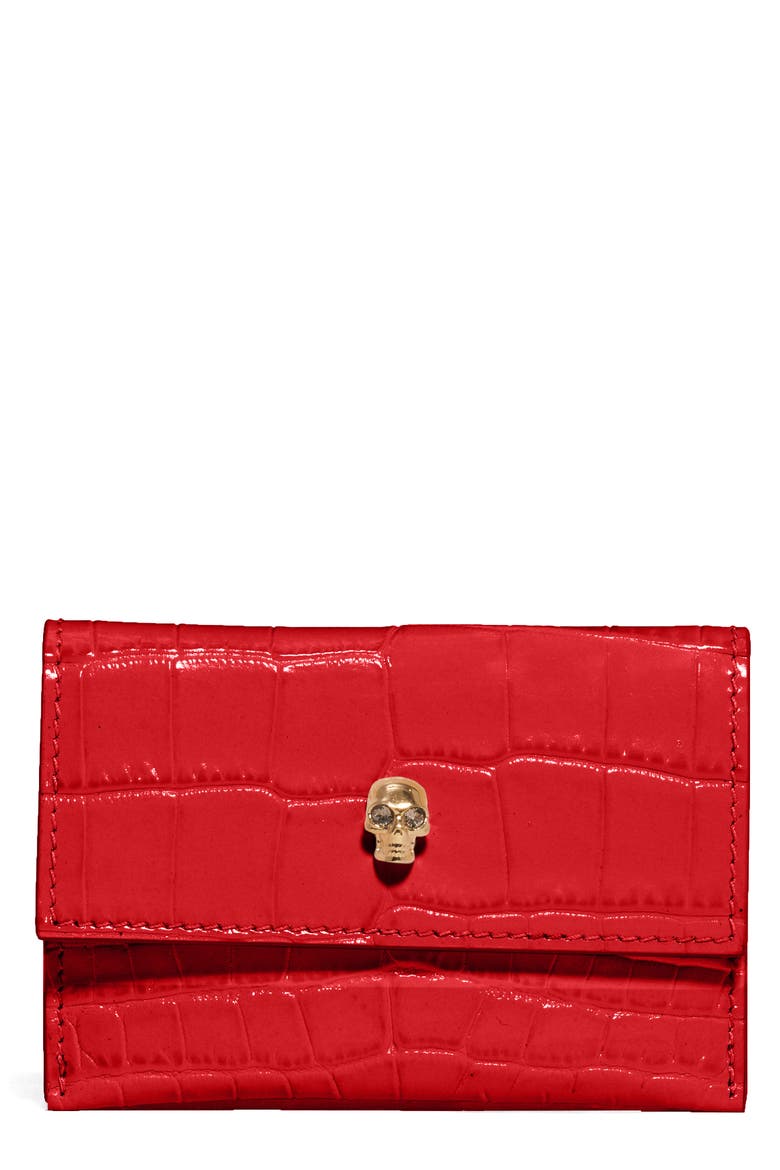 Alexander McQueen Croc Embossed Leather Card Holder, Main, color, DEEP RED