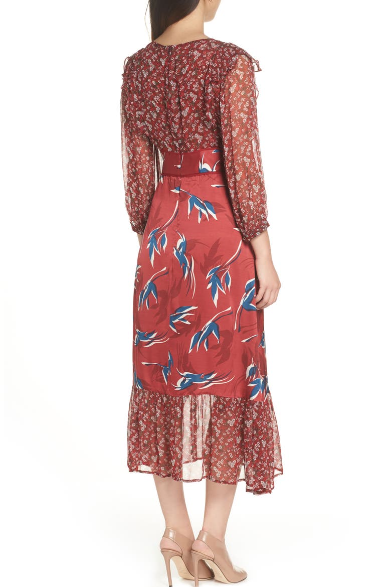 Mixed Print Midi Dress, Alternate, color, RED MULTI