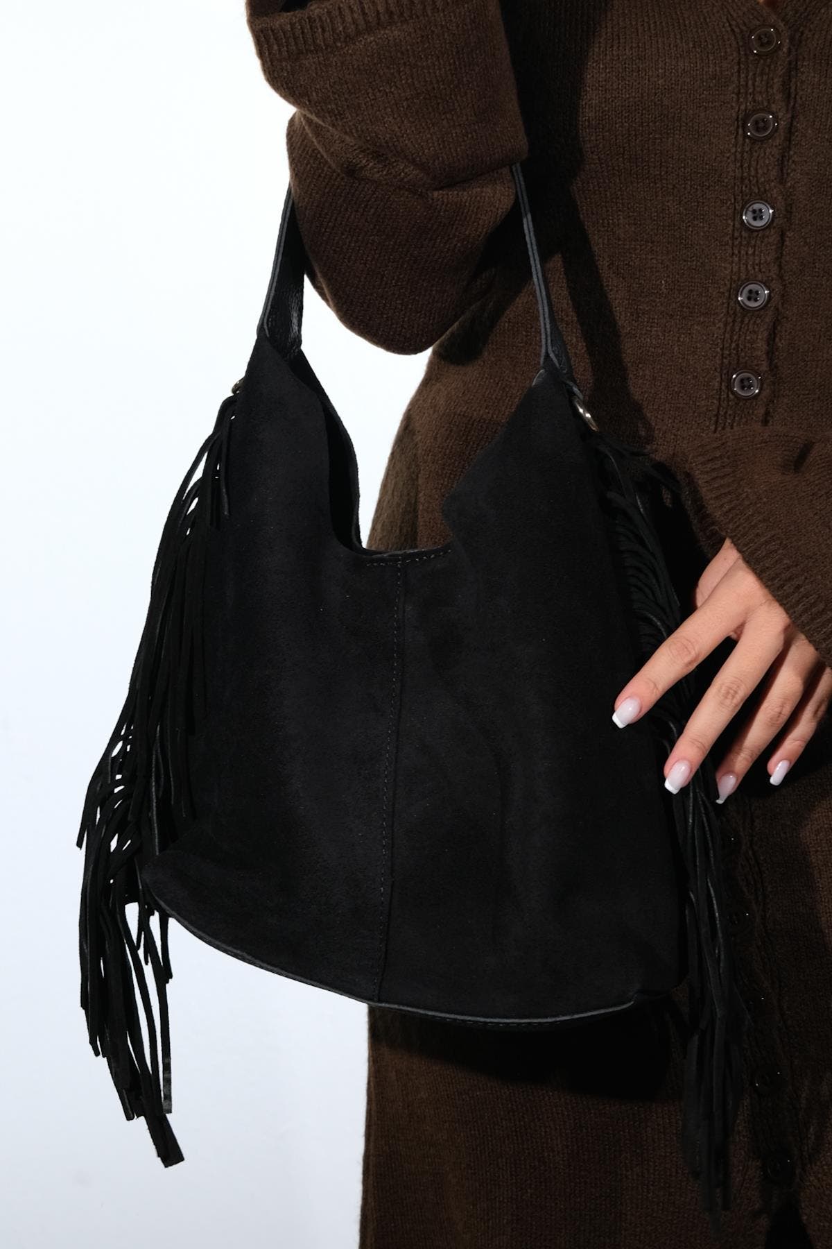 Forever & Always Shoes VALS Leather Shoulder Bag, Alternate, color, Black Suede