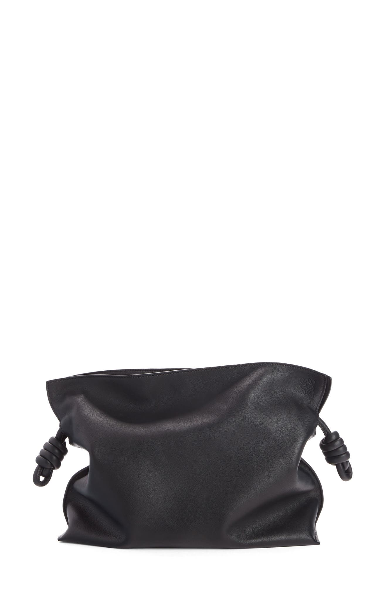 Flamenco Knot Leather Clutch, Main, color, BLACK