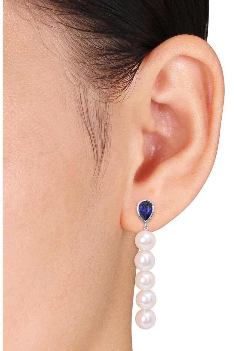 Lab-Created Sapphire & Freshwater Pearl Linear Drop Earrings, Alternate, color, BLUE