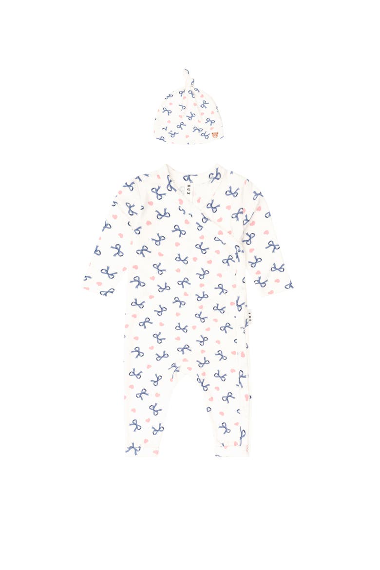My First Hux Hearts And Bows  Newborn Romper, Main, color, Almond Milk