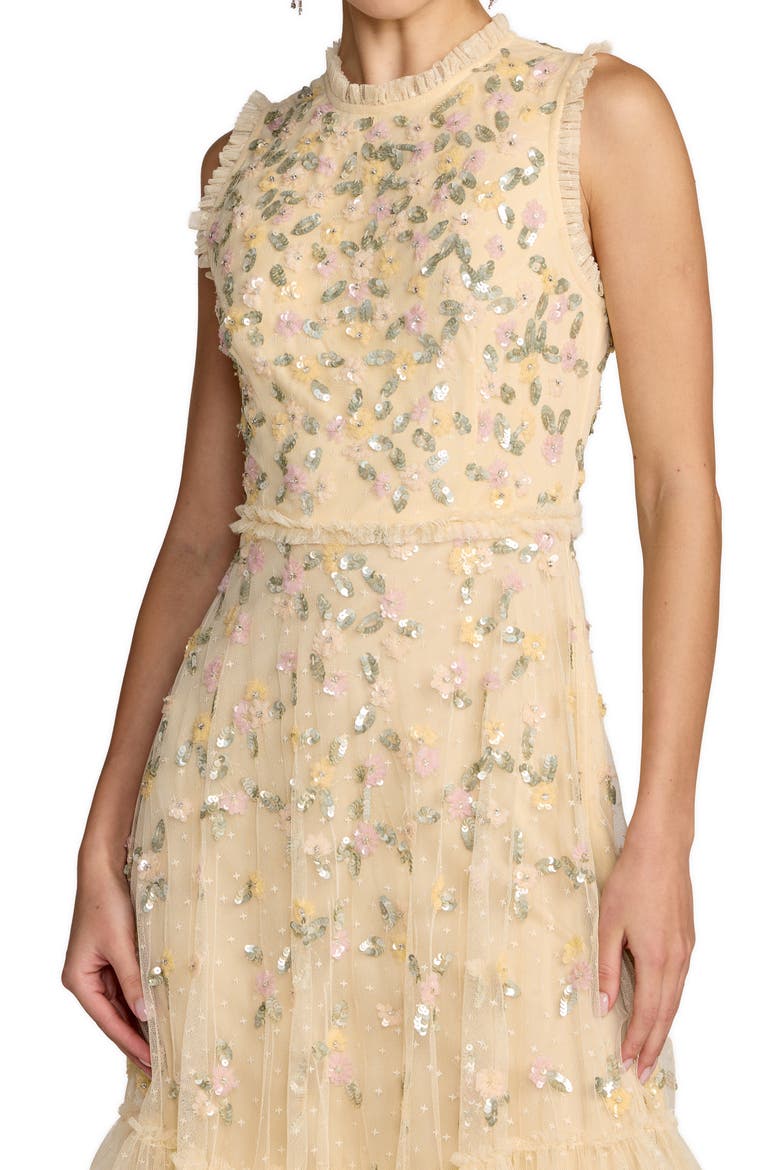 Sleeveless Floral Beaded Mock Neck Tulle Mini Dress, Alternate, color, Lemon