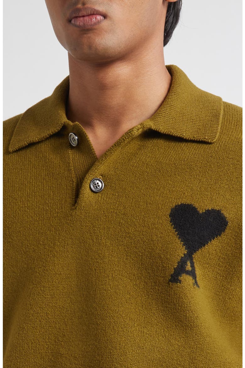 Ami de Coeur Monogram Felted Wool Polo Sweater, Alternate, color, BRONZE/ NOIR