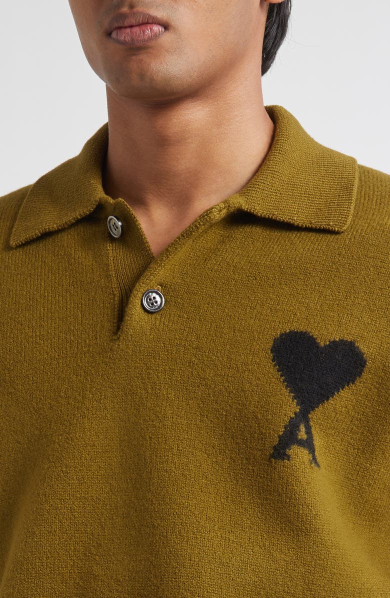 AMI PARIS Ami de Coeur Monogram Felted Wool Polo Sweater, Alternate, color, Bronze/ Noir