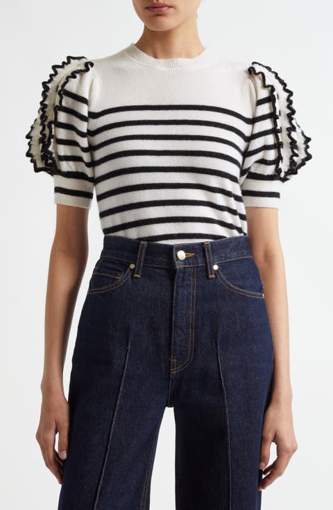 Ottilie Stripe Puff Sleeve Cashmere Sweater