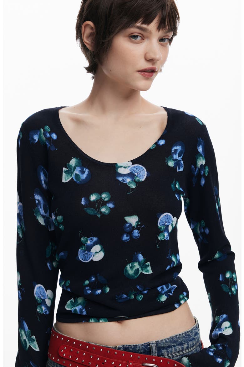 Print Rib Top, Alternate, color, BLACK