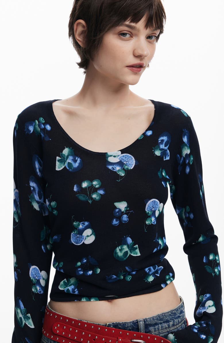 Desigual Print Rib Top, Alternate, color, Black