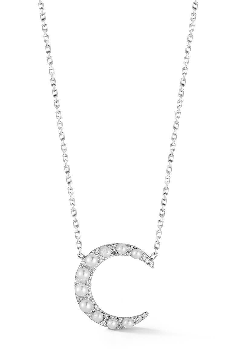 Cultured Pearl & Cubic Zirconia Crescent Moon Pendant Necklace, Main, color, SILVER