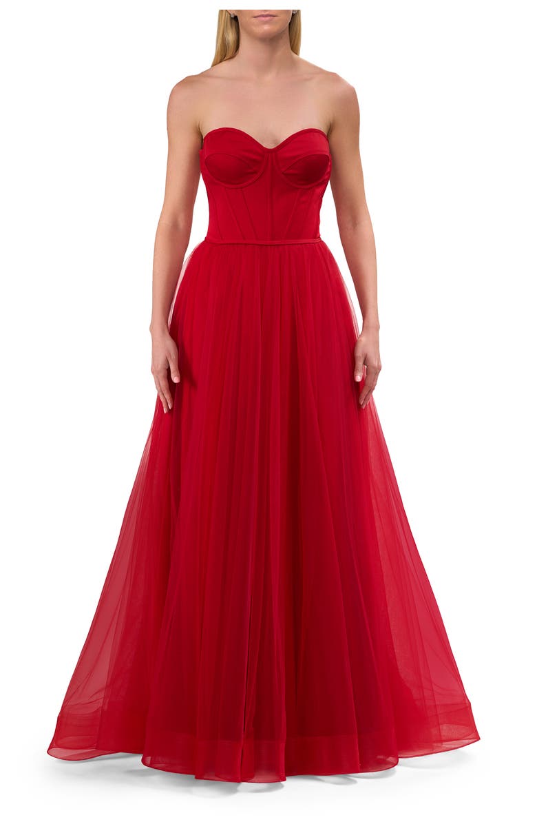 La Femme A-Line Tulle Dress with Satin Corset Bodice, Main, color, Red