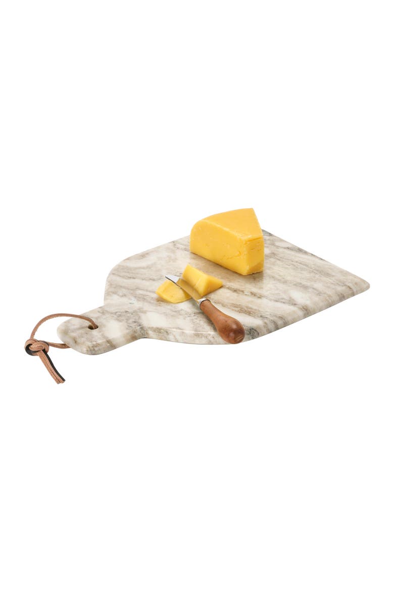 Marble Cheese and Cutting Board with Handle, Leather Tie and Canape Knife, Buff, Alternate, color, Brown