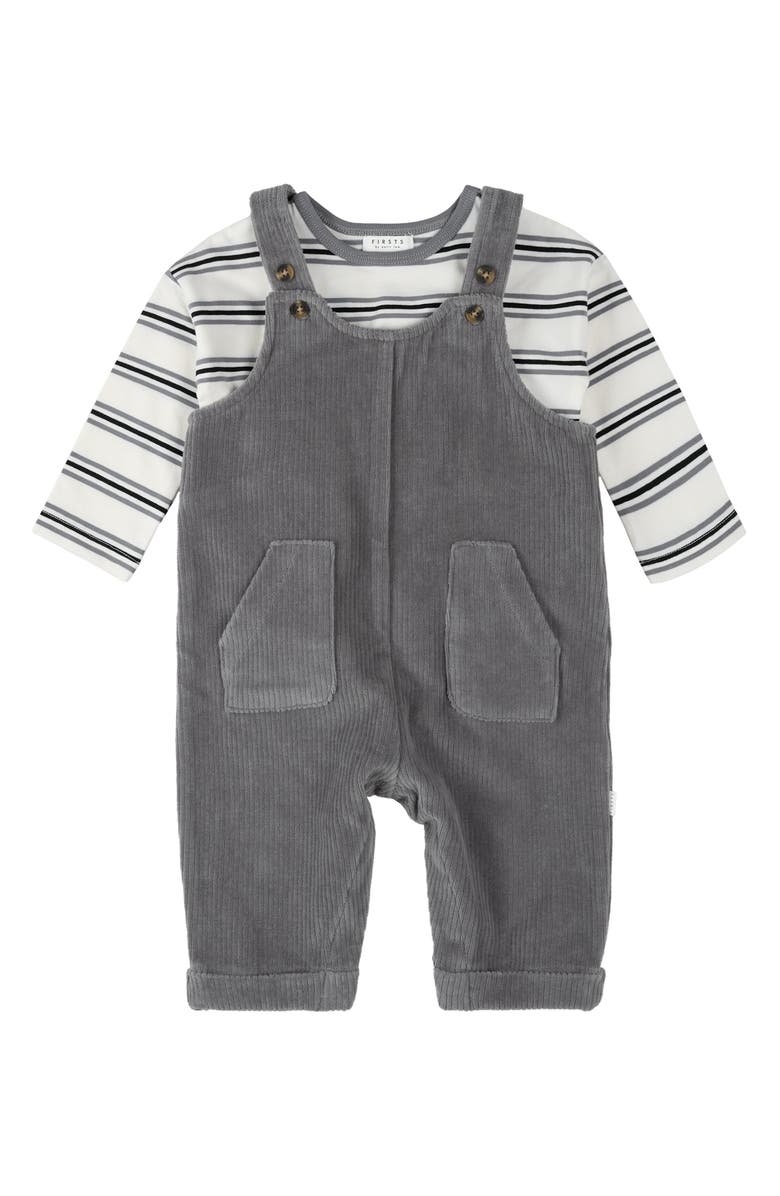 FIRSTS by Petit Lem Long Sleeve Top & Corduroy Overalls Set, Alternate, color, Medium Grey
