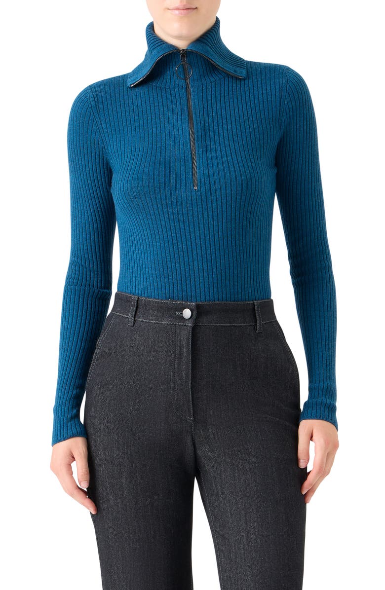 Akris punto Virgin Merino Wool Half Zip Turtleneck Sweater, Main, color, Teal
