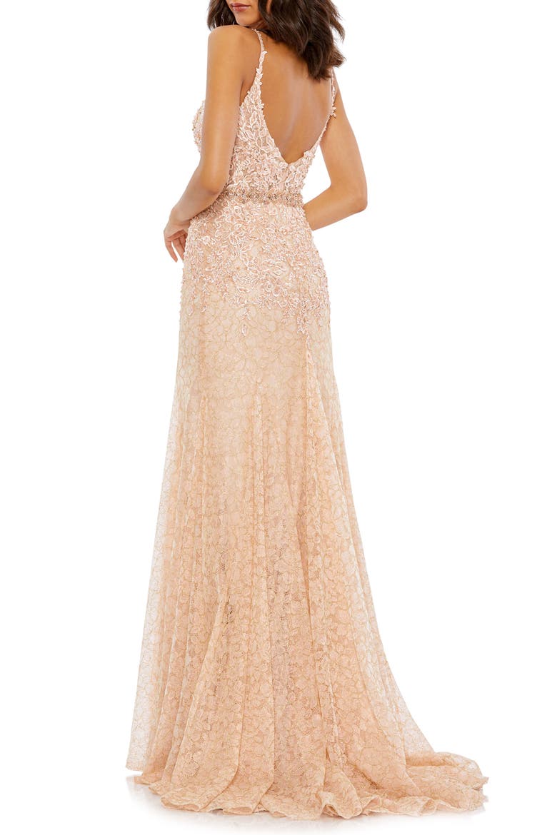 Floral Appliqué Plunge Mermaid Gown, Alternate, color, BLUSH