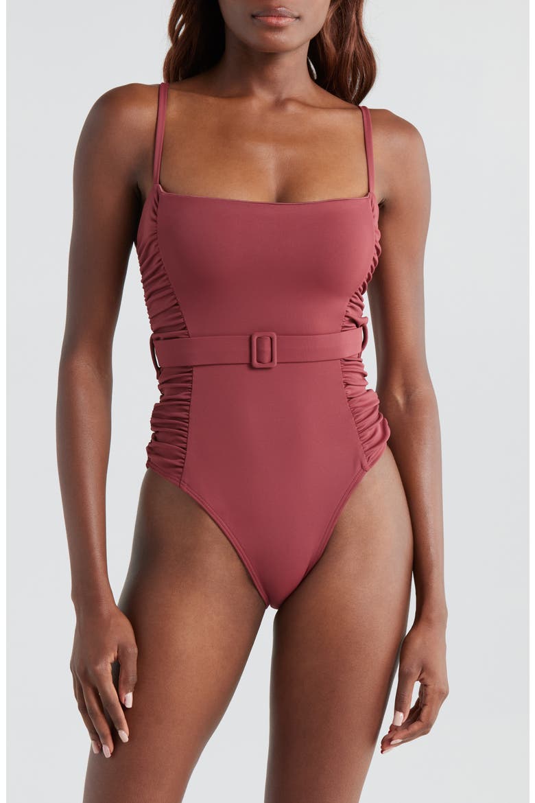 Ruched Belted One-Piece Swimsuit, Main, color, BROWN