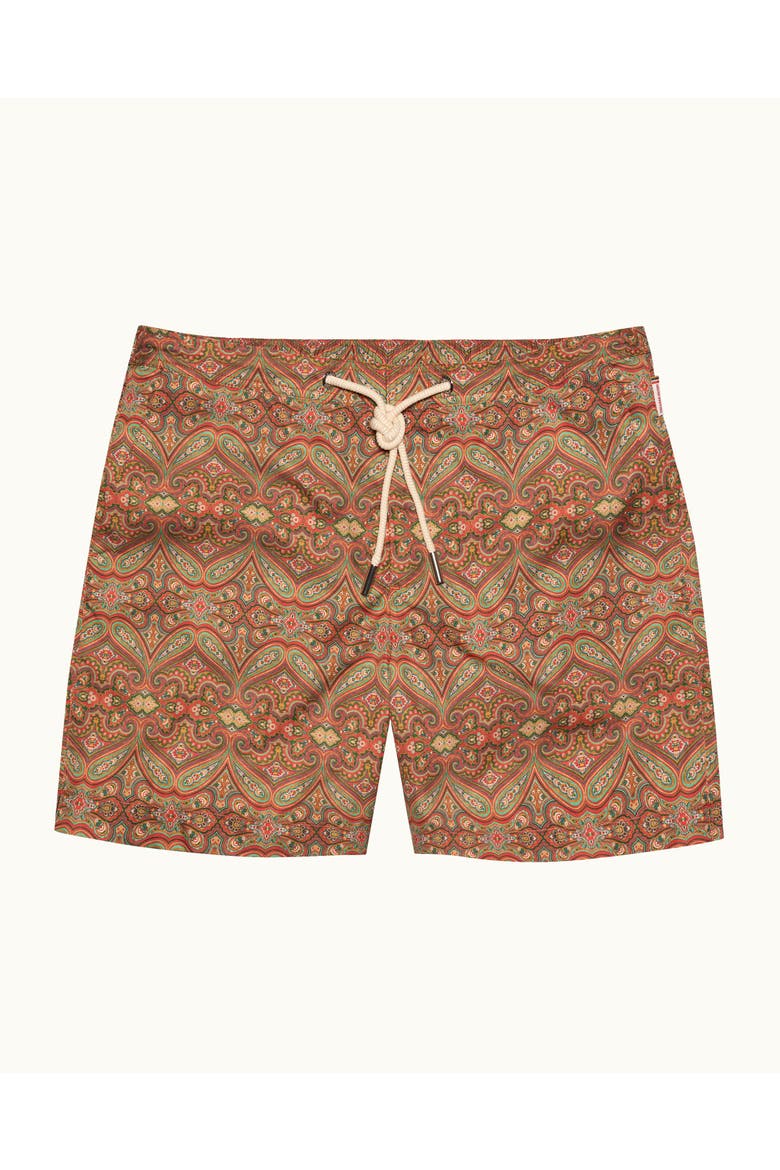 Bulldog Drawcord  Mid Length Paisley Carnival Swim Shorts, Main, color, Vermillion