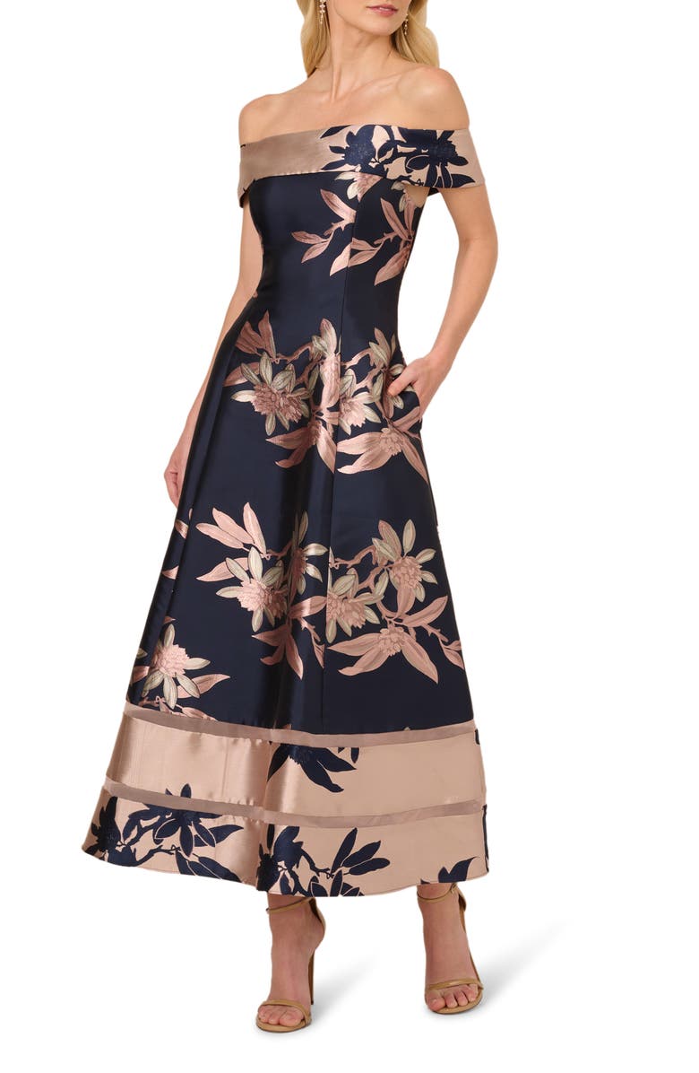 Adrianna Papell Off the Shoulder Jacquard Cocktail Dress, Main, color, 