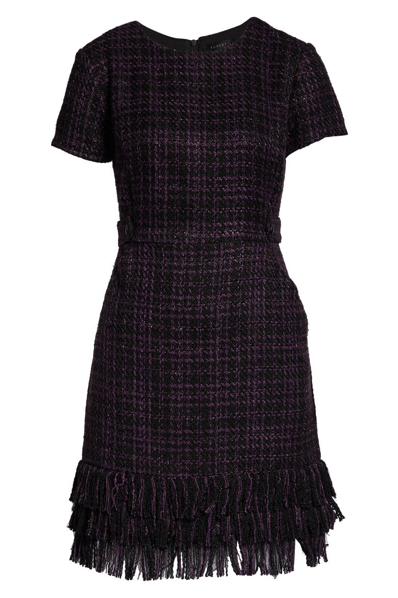 Tiered Fringe Bouclé Sheath Dress, Alternate, color, BLACK/ PURPLE