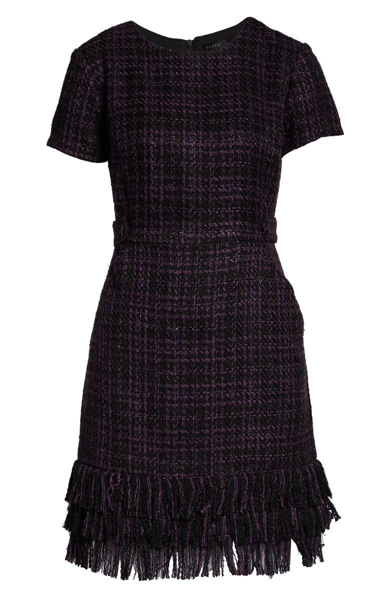 Forest Lily Tiered Fringe Bouclé Sheath Dress, Alternate, color, 