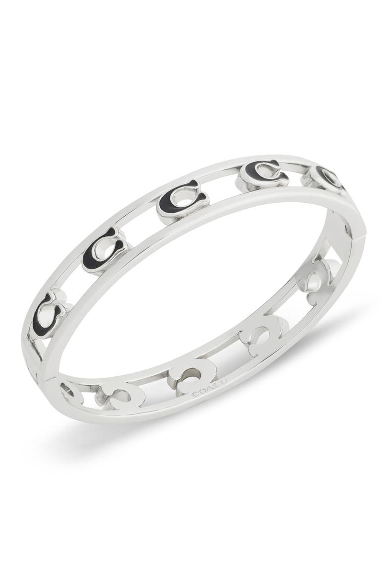 Signature C Open Enamel Hinge Bracelet, Main, color, BLACK/ RHODIUM